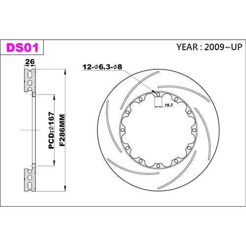 K-Sport front brake disc set DS01 286x26mm slotted - gen. 2009+