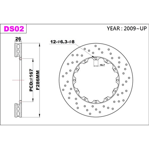 K-Sport front brake disc set DS02 286x26mm drilled - gen. 2009+