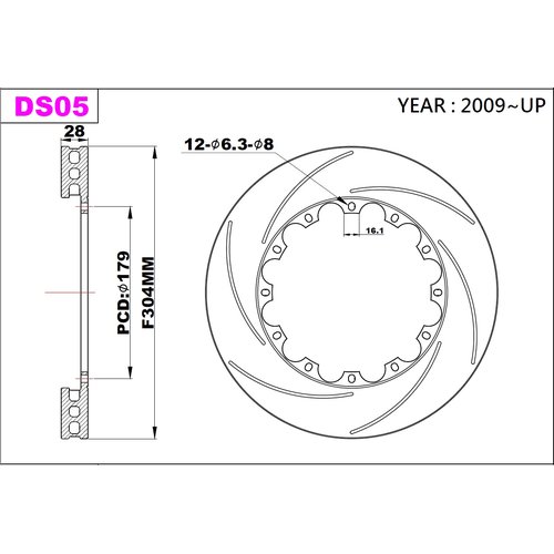 K-Sport front brake disc set DS02 304x28mm slotted - gen. 2009+