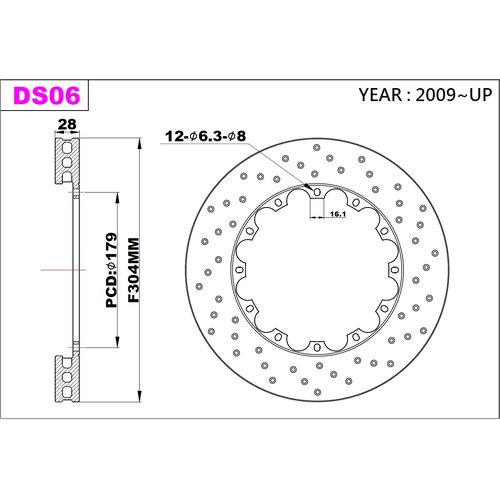 K-Sport front brake disc set DS02 304x28mm drilled - gen. 2009+