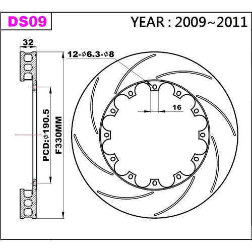K-Sport front brake disc set DS09 330x32mm slotted - gen. 2009-2011