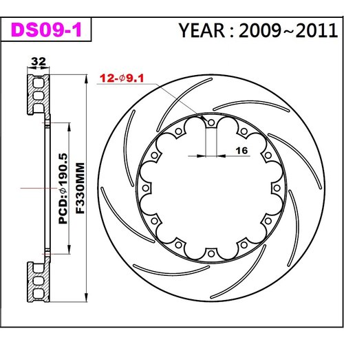K-Sport front brake disc set DS09-1 330x32mm slotted - gen. 2009-2011