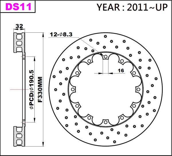 K-Sport front brake disc set DS11 330x32mm drilled - gen. 2011+