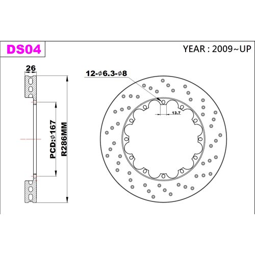 K-Sport rear brake disc set DS03 286x26mm drilled - gen. 2009+