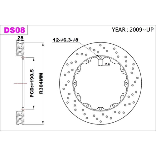 K-Sport rear brake disc set DS08 304x28mm drilled - gen. 2009+