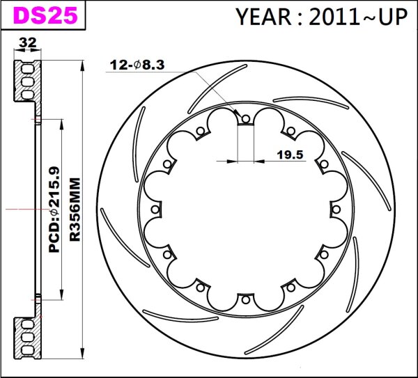 K-Sport rear brake disc set DS25 356x32mm slotted - gen. 2011+